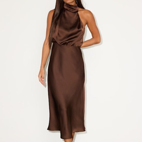 Lulus Dresses & Skirts - Lulus Distinctive Brown Satin Asymmetrical Midi Dress - Size XXL